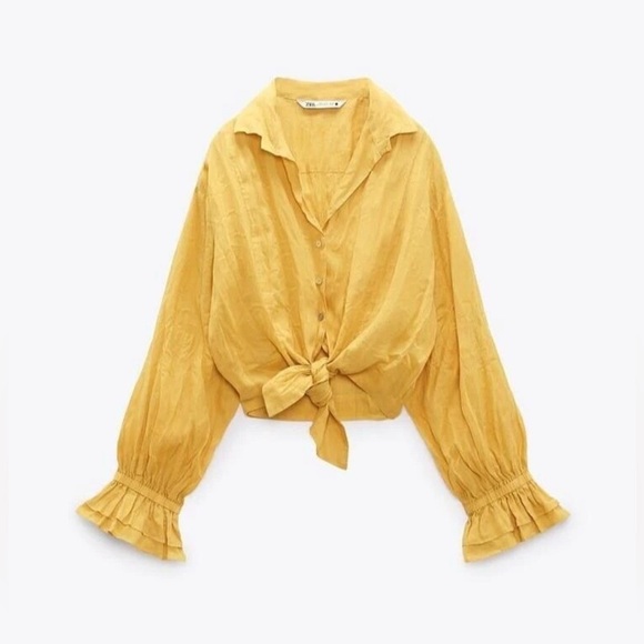 Zara Yellow 100% Ramie Tie Waist Cropped Blouse with ruffled long sleeve - Picture 2 of 12